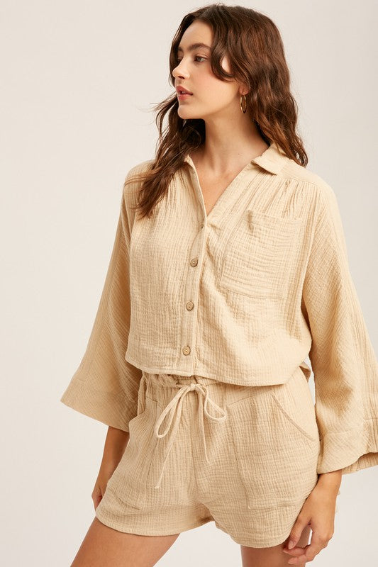 Textured Cotton Button Down Top and Pant Sets
