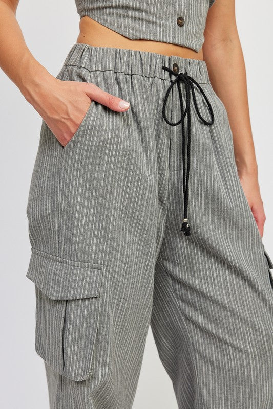 STRIPED CARGO PANTS WITH WAIST DRAWSTRING