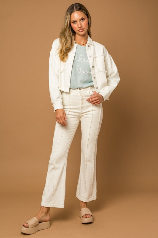 White Flare Pants with Vertical Frayed Hem